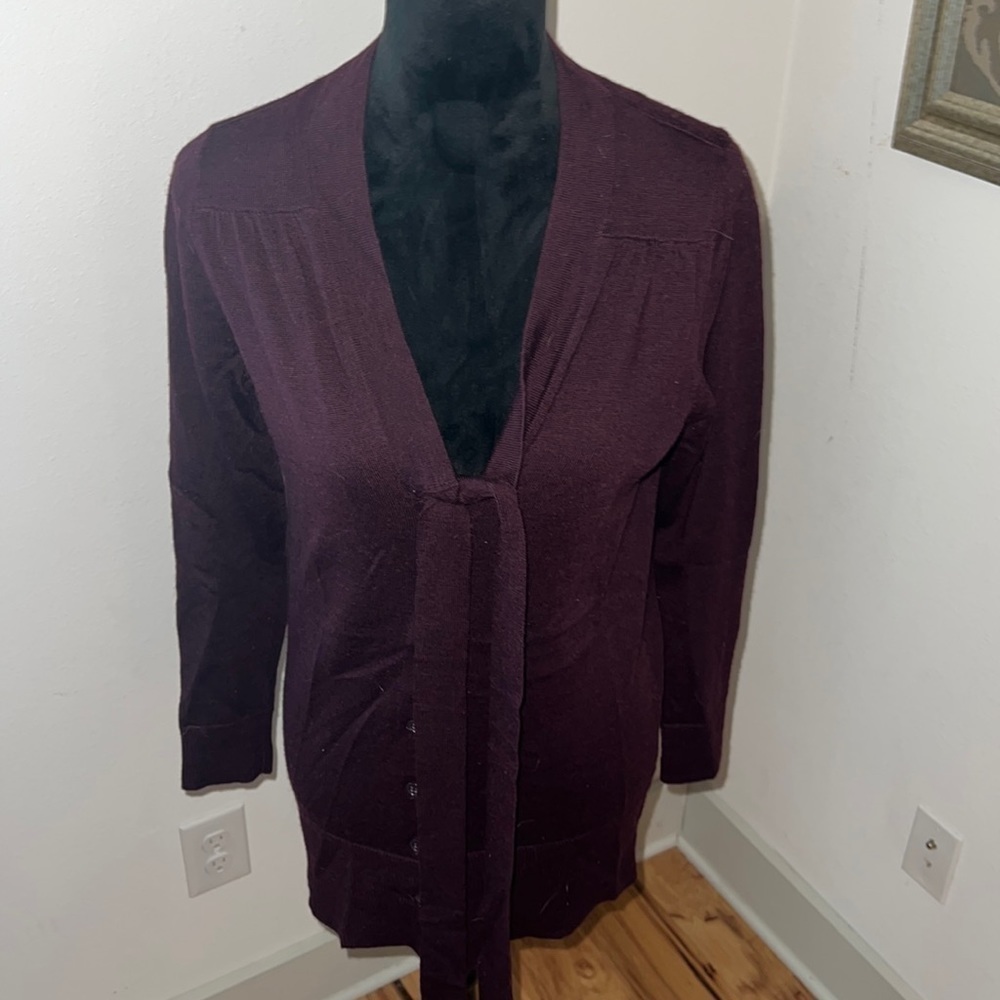 Sarah Spencer long light buttoned down cardigan collar ties 100% Merino‎ wool S